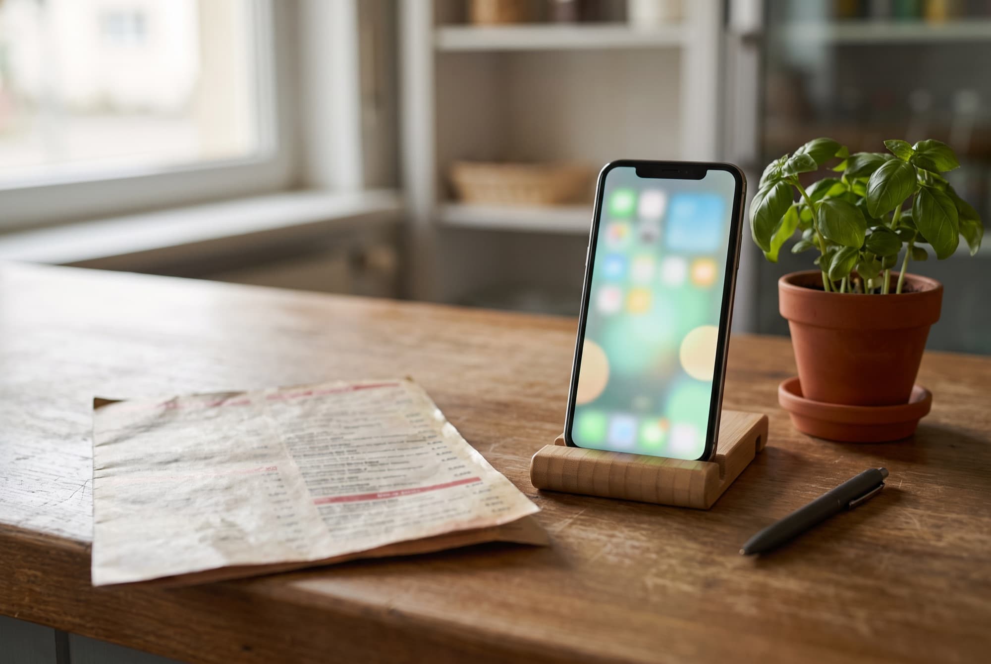 Ein alter, zerknitterter Bestellflyer aus Papier neben einem Smartphone im Ständer auf einer Holztheke.