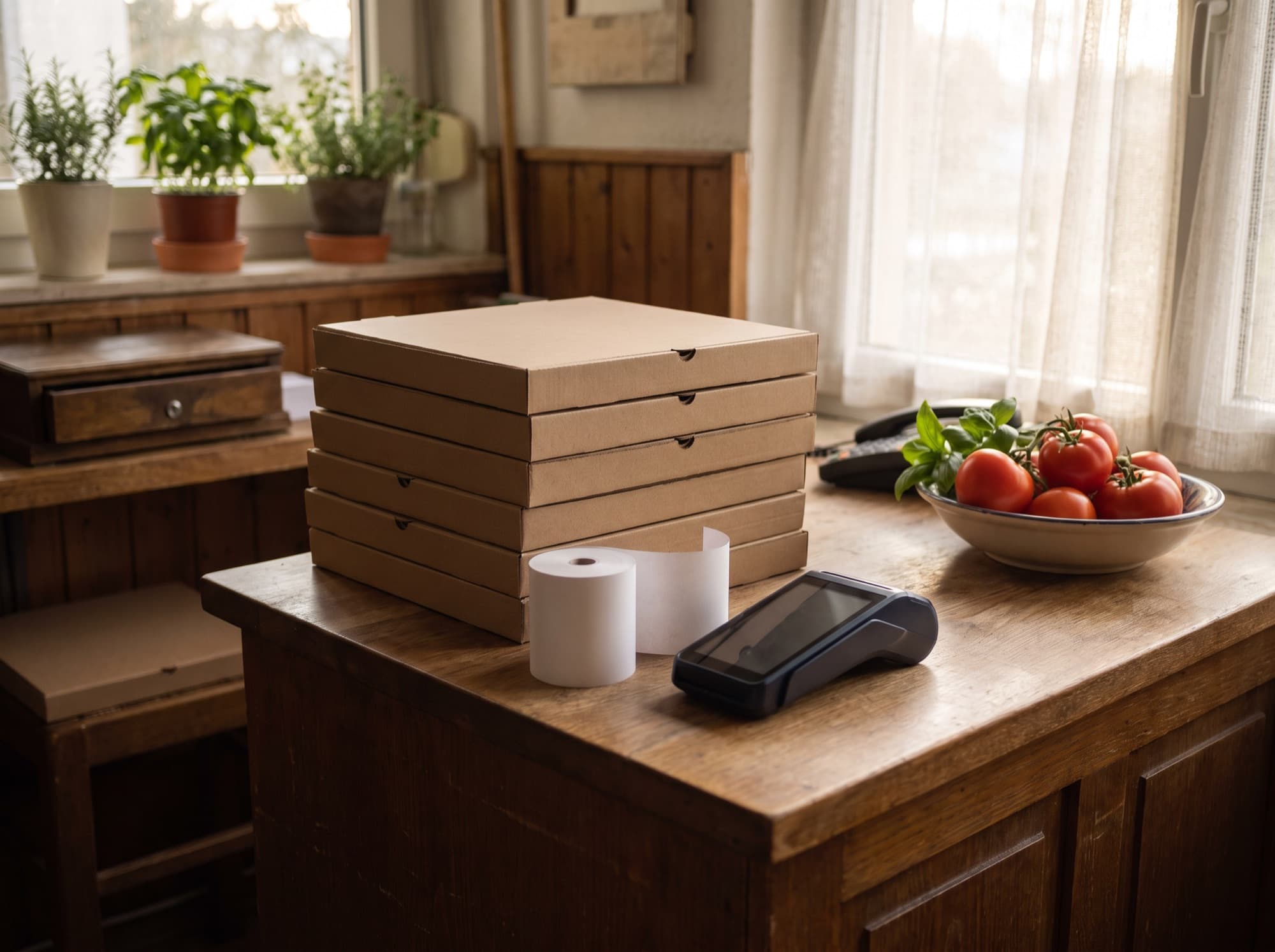 Leere Pizzakartons, eine Bonrolle und ein Kartenterminal auf einer ruhigen Theke.